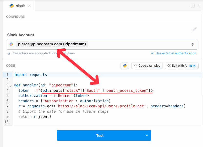 The Slack app generates the pd.inputs["slack"] data