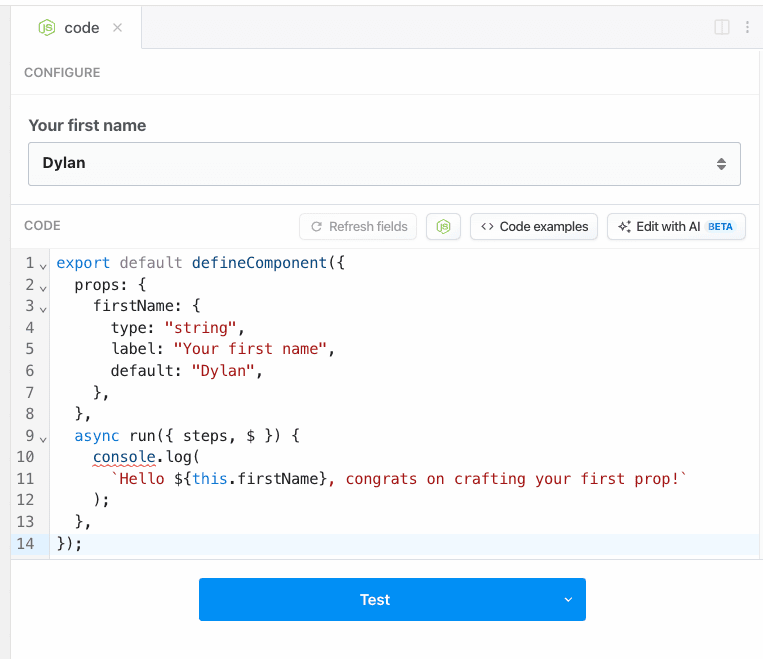 Workflow builder displaying the input visually as a text input field