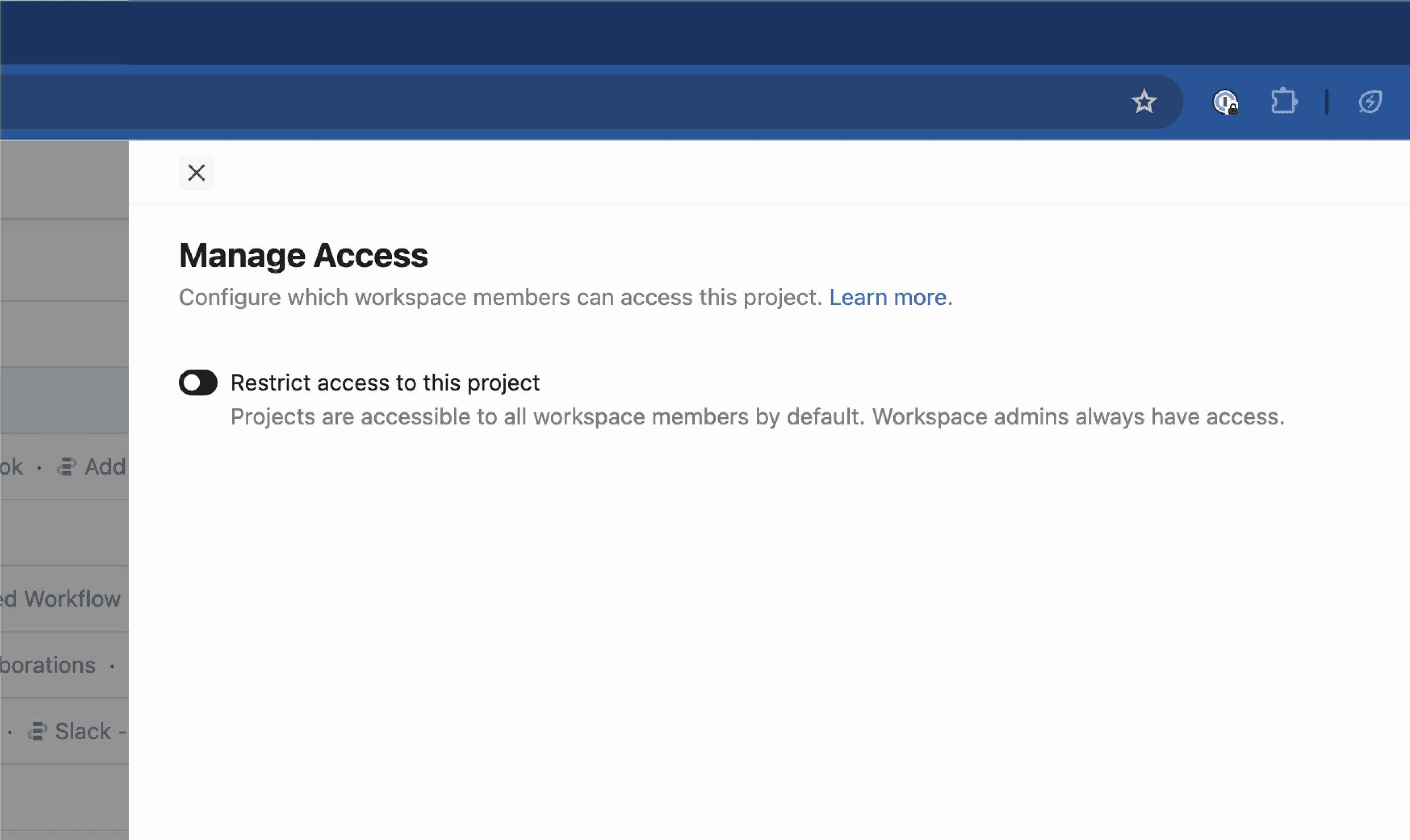 Manage access slideout workspace access