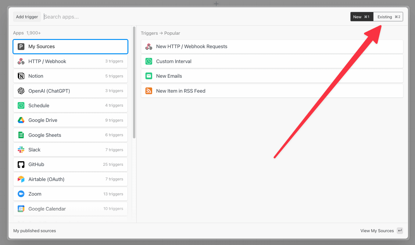 Selecting a pre-exisiting deployed source as the trigger for the workflow